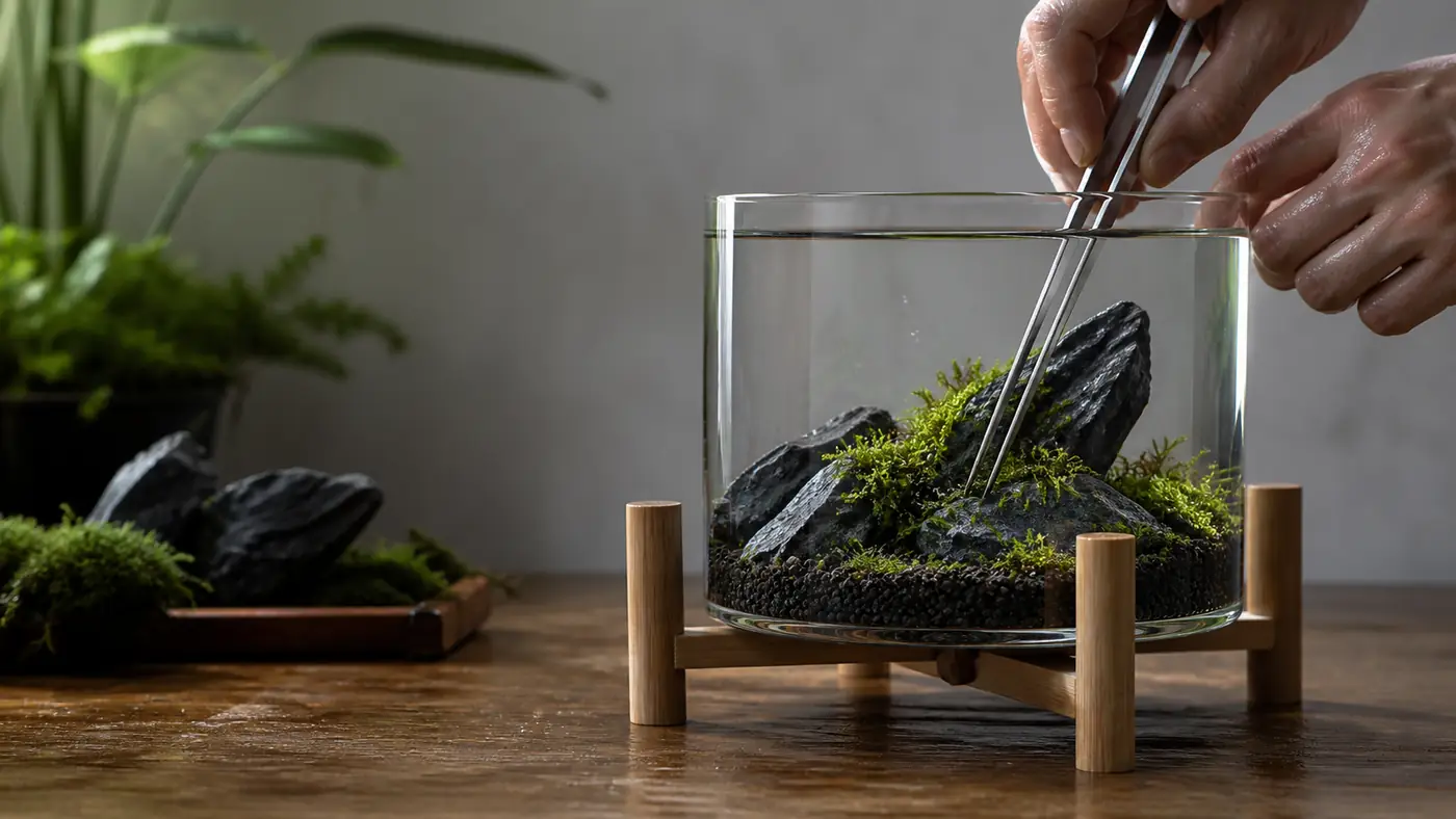 Hands arranging small stones and moss in a bamboo-framed mini aquarium bowl