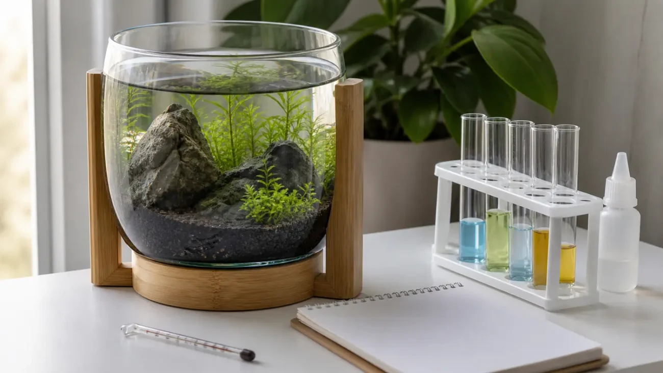 Aquarium water test kit beside a very small planted glass bowl