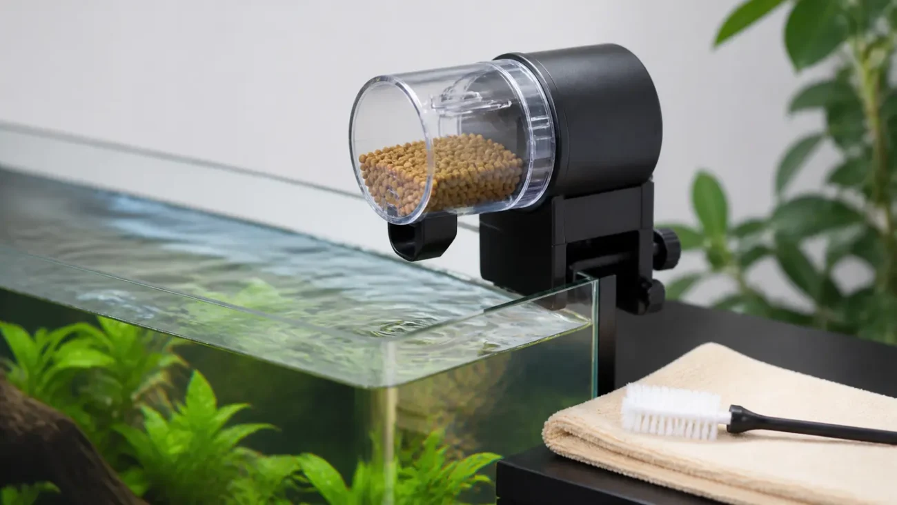 Clean dry automatic fish feeder outlet positioned away from aquarium spray
