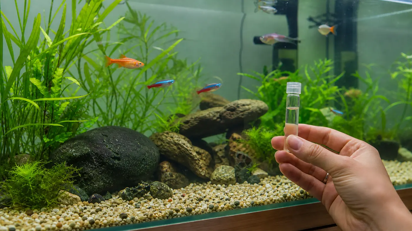 Small amount of uneaten fish food visible near aquarium gravel during a water quality check