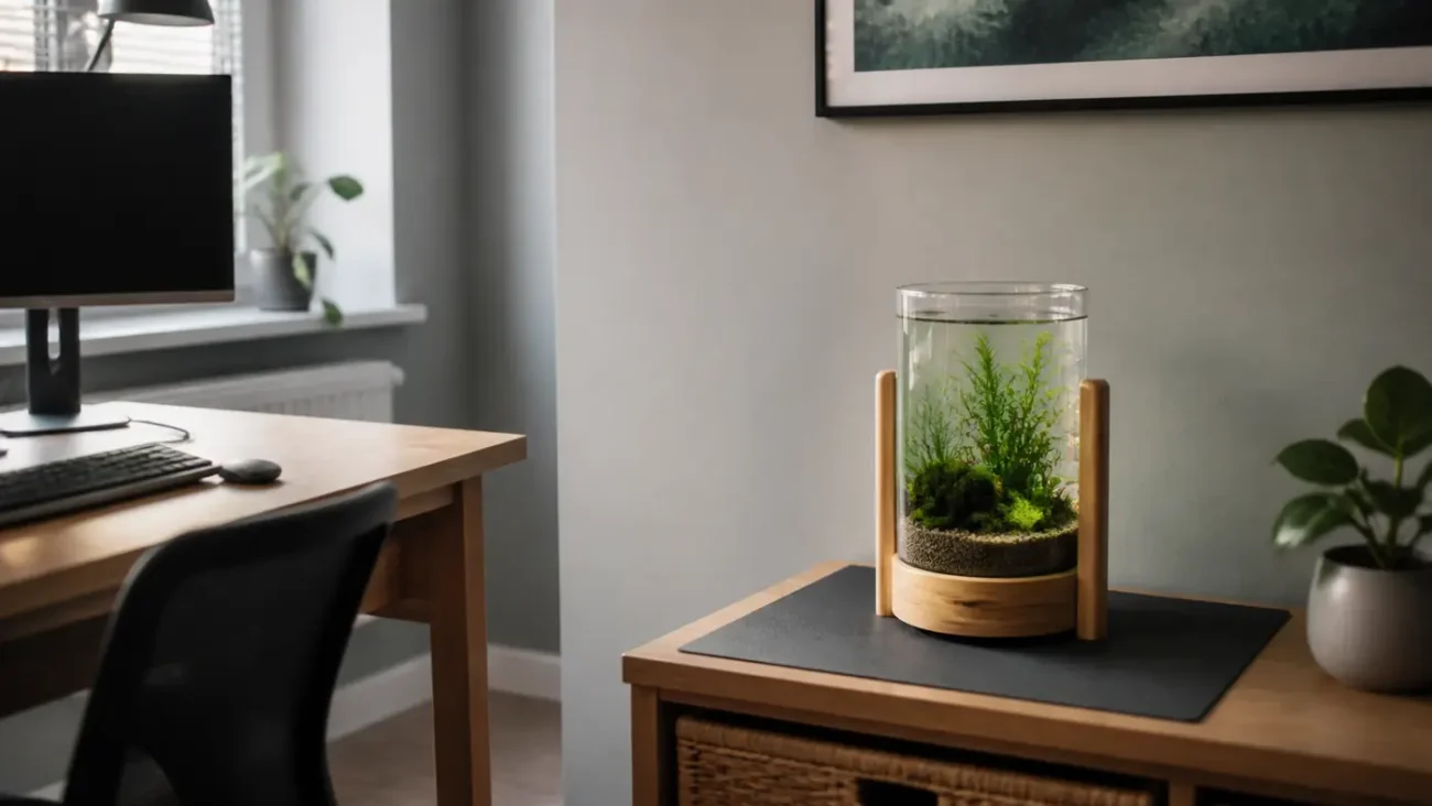 Bamboo-framed planted aquarium bowl on a stable desk away from direct sunlight