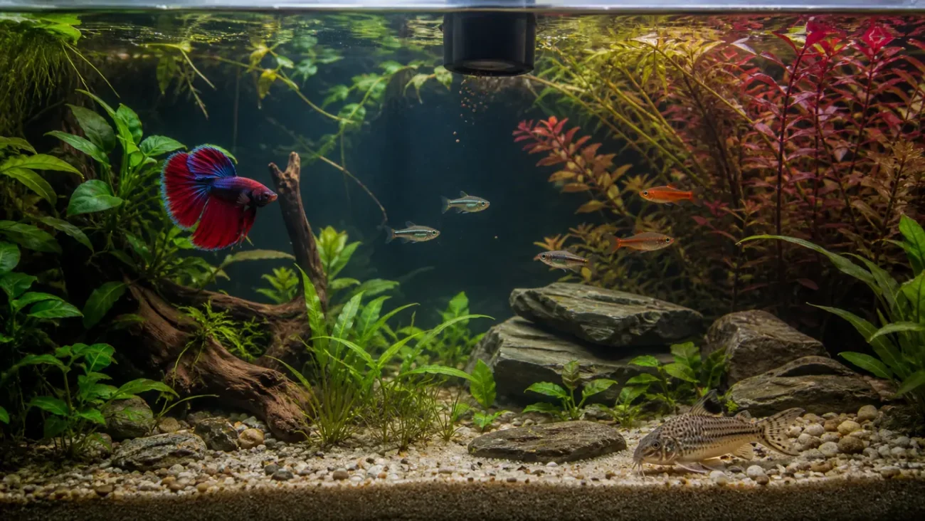 Betta goldfish and small tropical fish shown in separate aquarium feeding zones