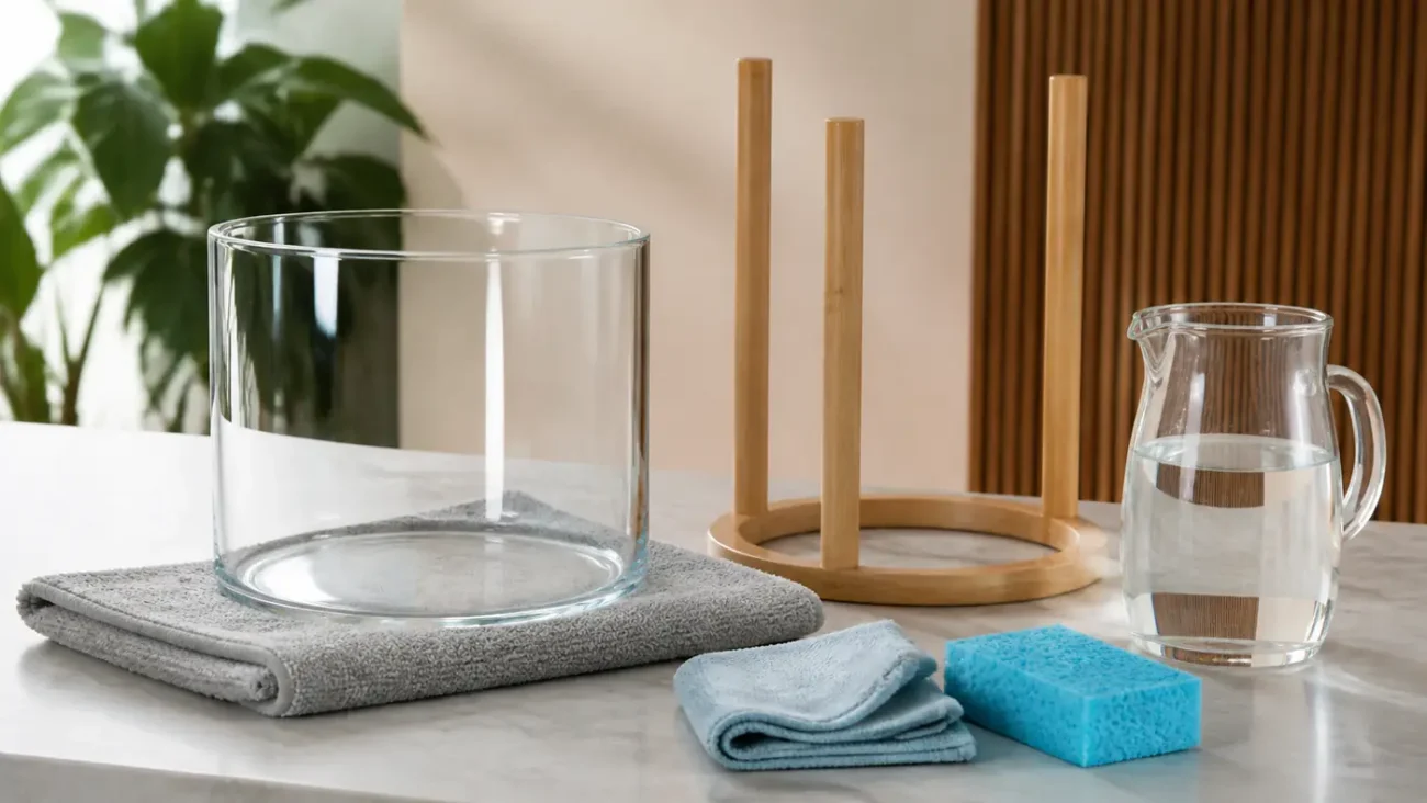 Glass aquarium cylinder beside a dry bamboo frame with a soft cleaning cloth