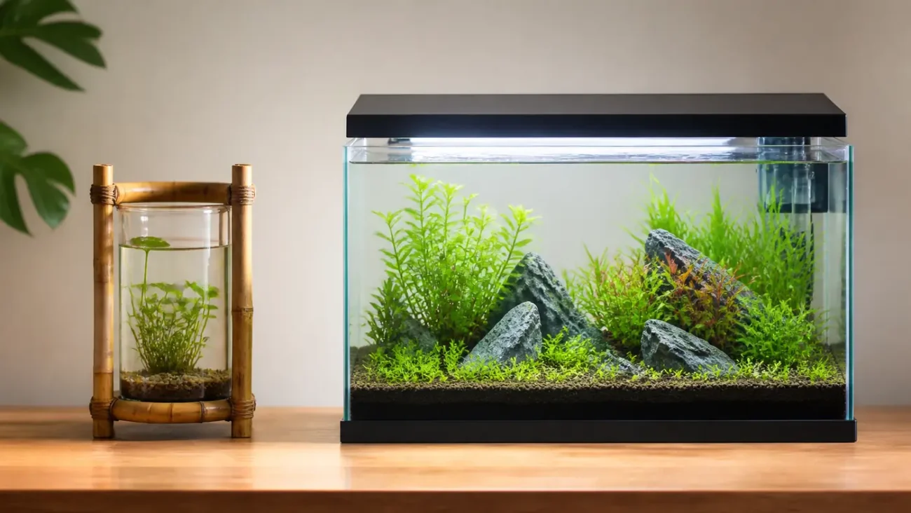 Plant-only bamboo glass bowl beside a larger filtered rectangular nano aquarium