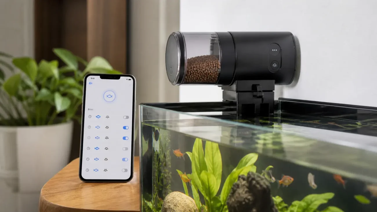 Smartphone displaying an aquarium feeder schedule beside a connected automatic fish feeder