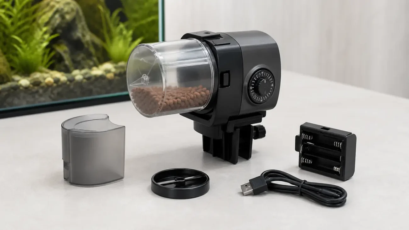 Automatic fish feeder with its timer drum outlet and mounting parts clearly visible