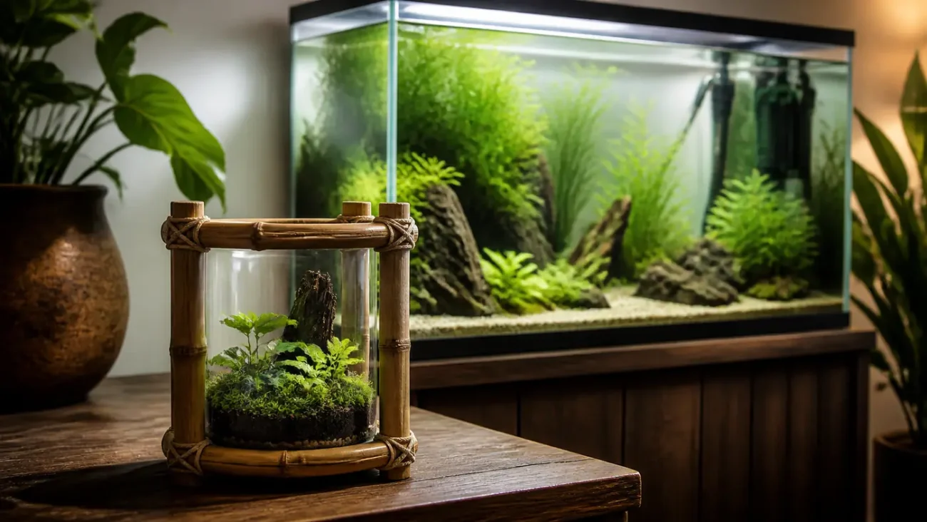 Plant-only miniature bamboo bowl in front of a properly equipped larger aquarium
