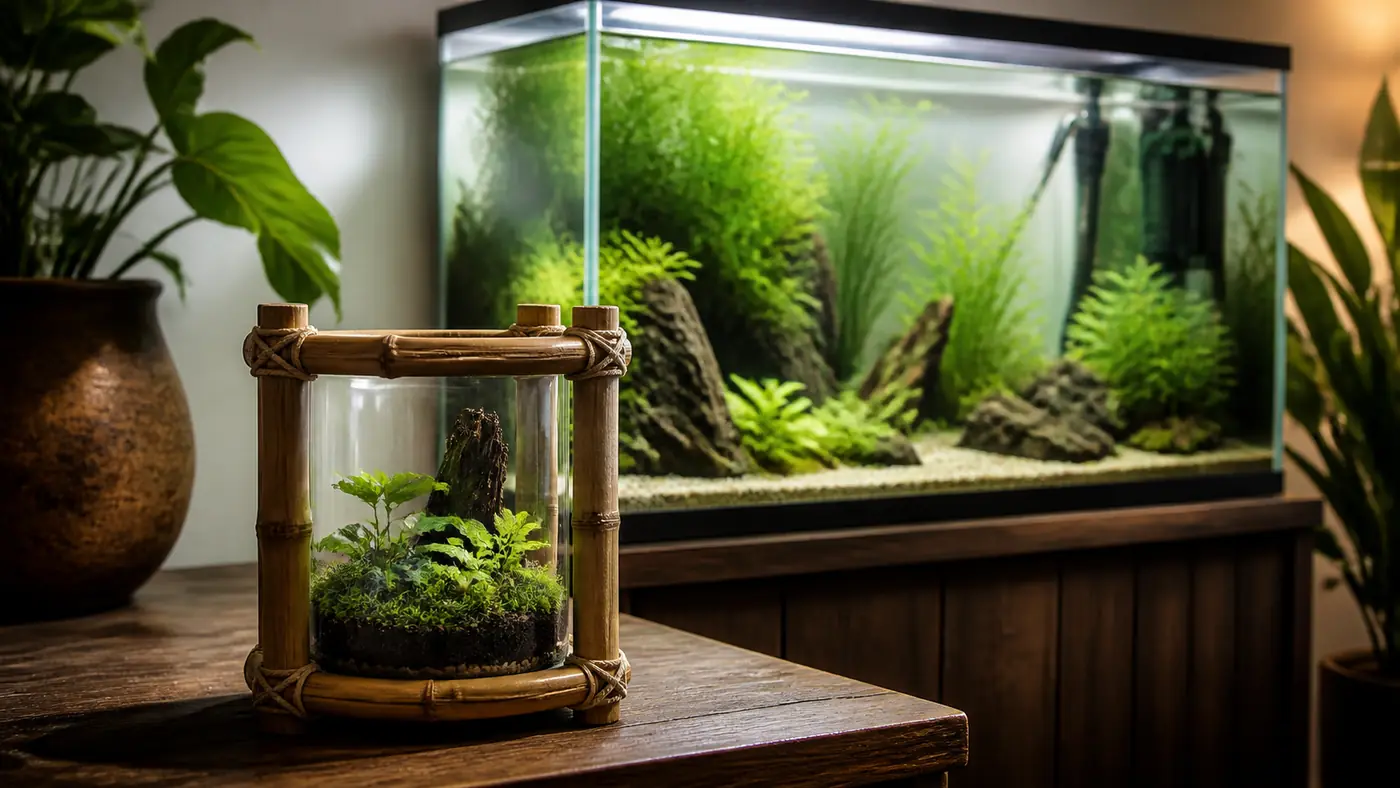 Plant-only miniature bamboo bowl in front of a properly equipped larger aquarium