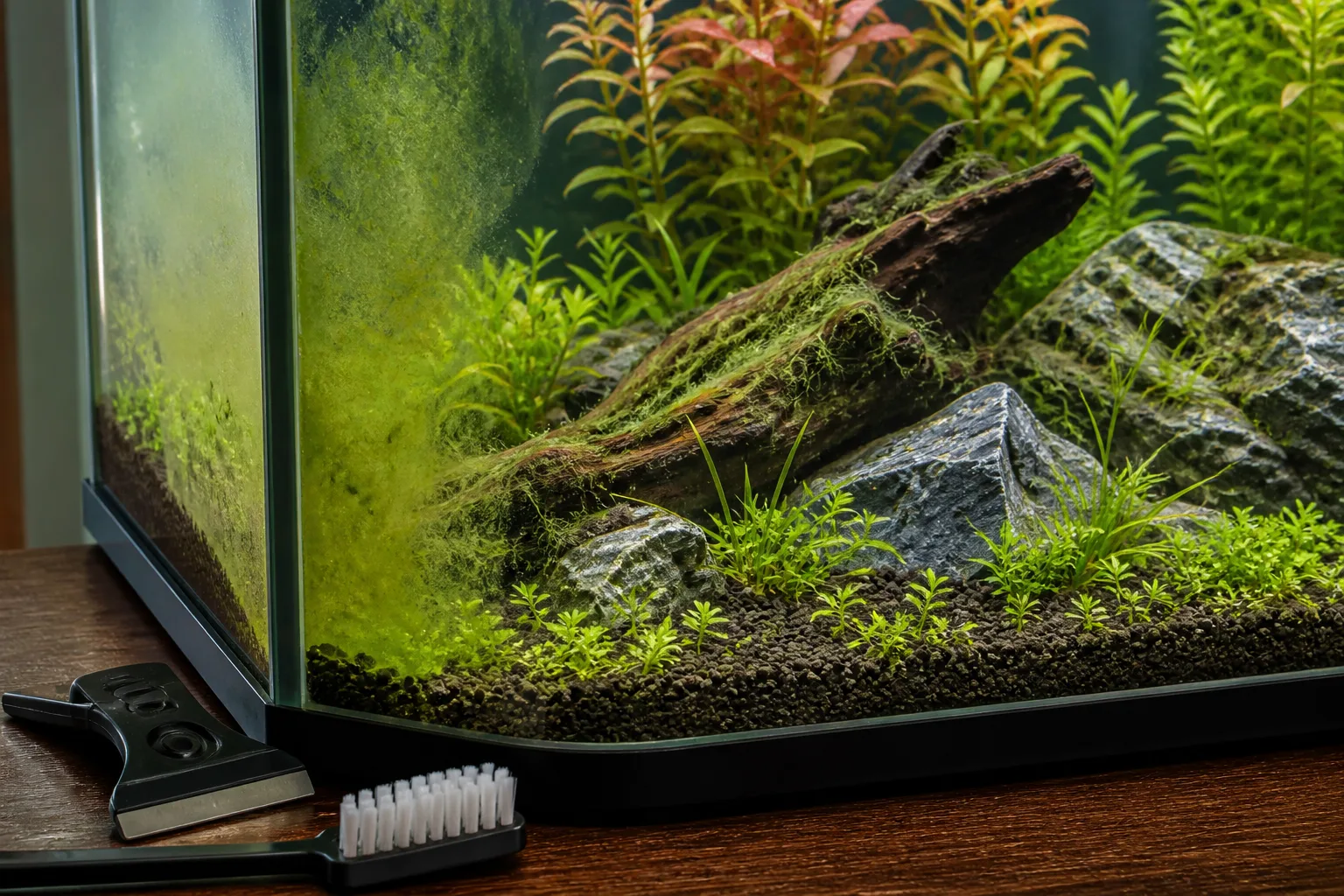 Algae on aquarium glass and hardscape during routine maintenance