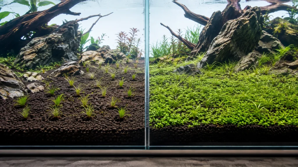 Foreground aquarium carpet plants shown from spaced plugs to denser established growth