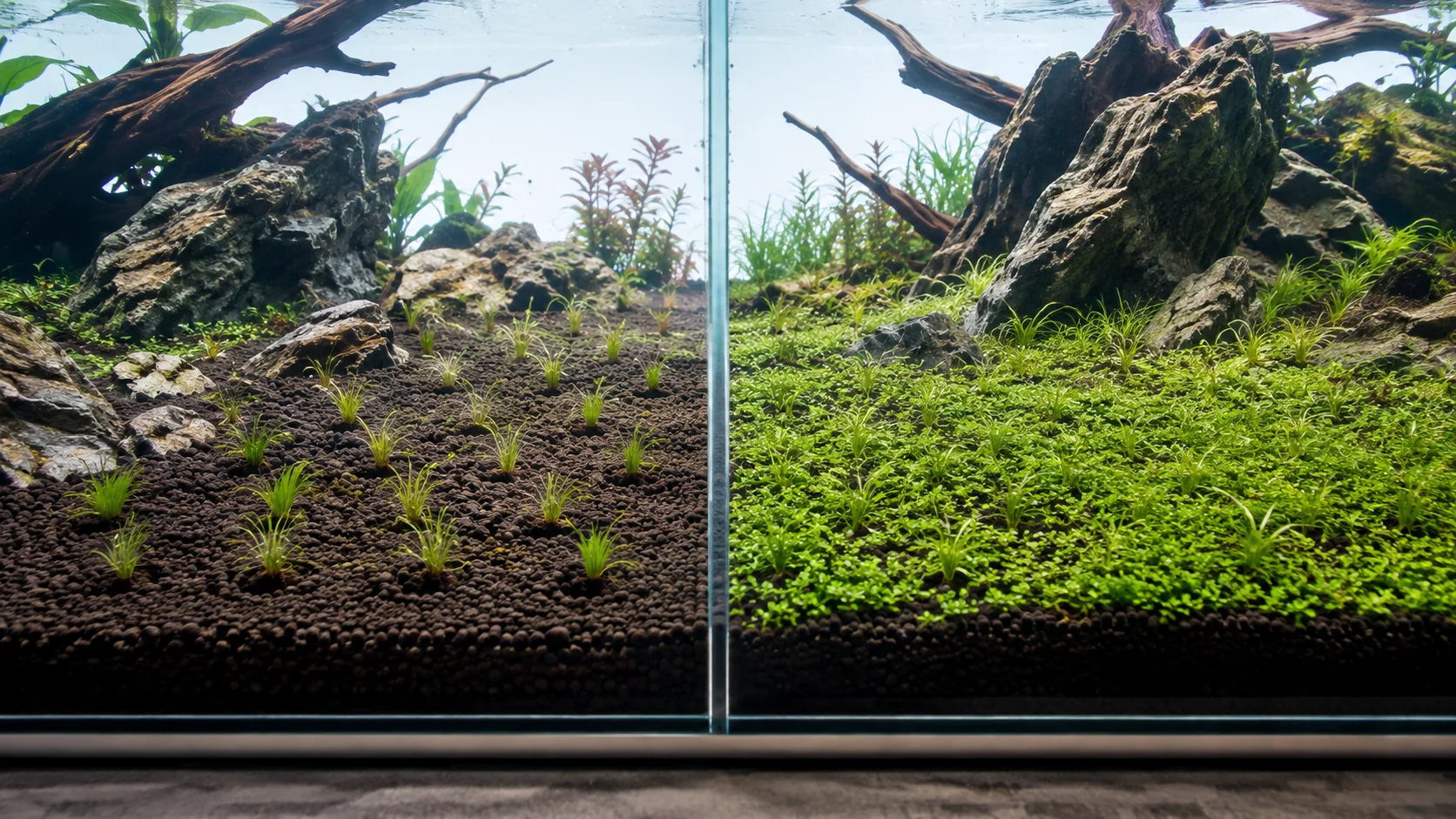 Foreground aquarium carpet plants shown from spaced plugs to denser established growth
