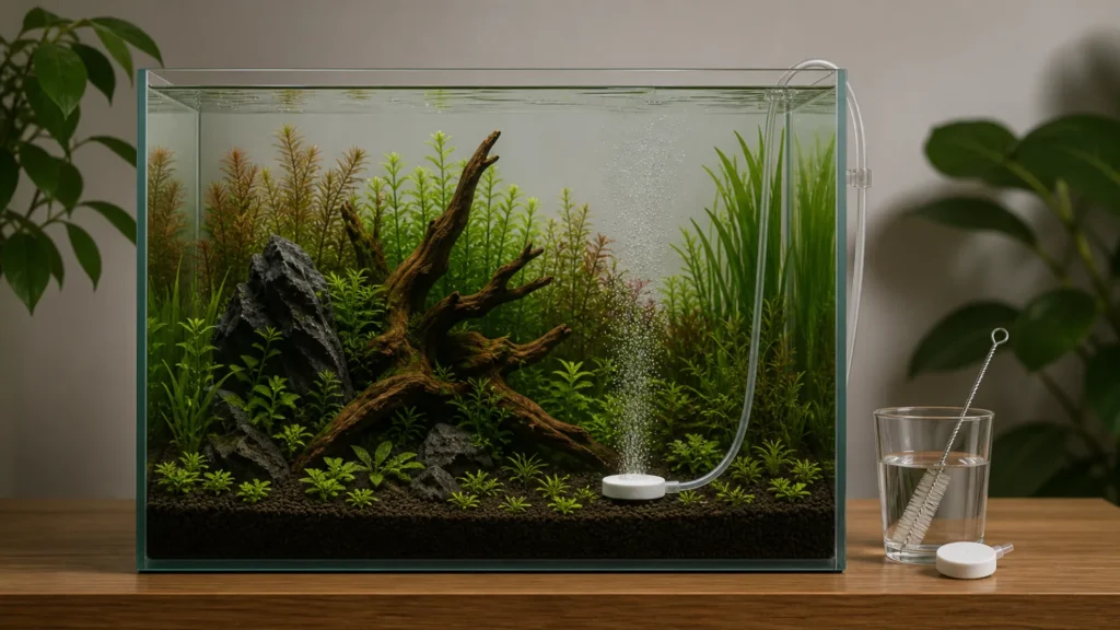 Illustrated planted aquarium with a low-positioned ceramic CO2 diffuser, fine bubbles and cleaning tools
