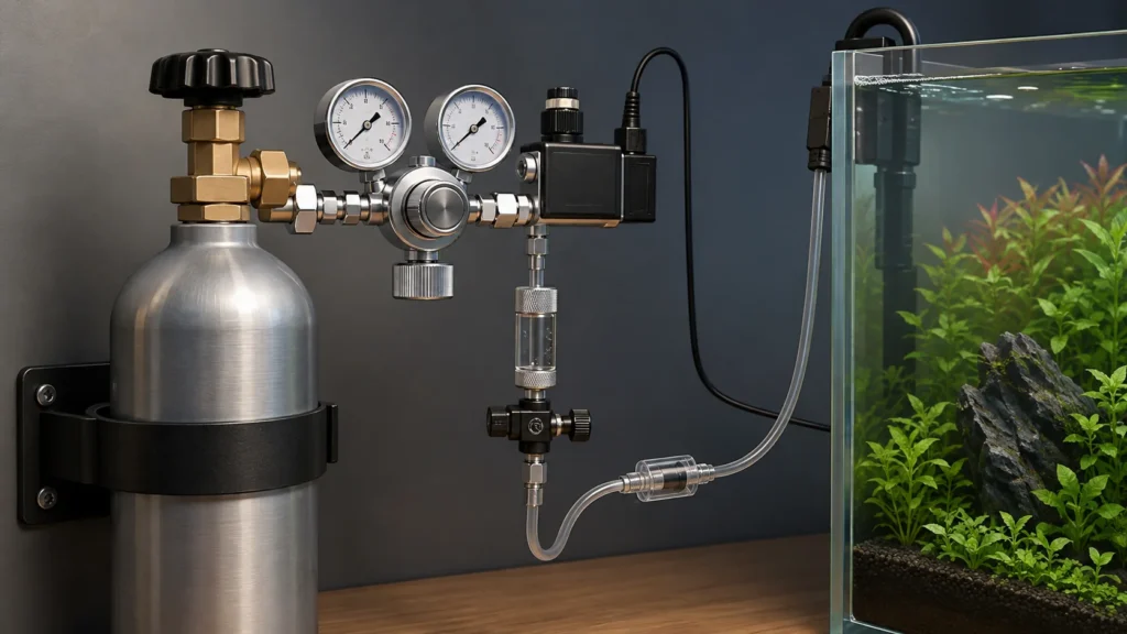 Aquarium CO2 cylinder and regulator assembly with gauges, solenoid, tubing and check valve