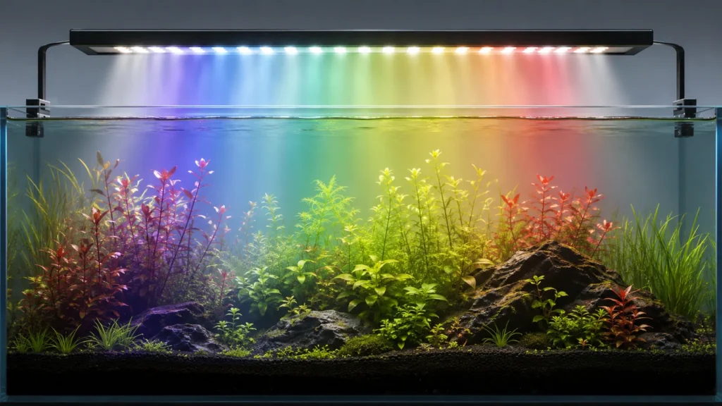 Conceptual visible light bands blending across plants beneath an aquarium LED