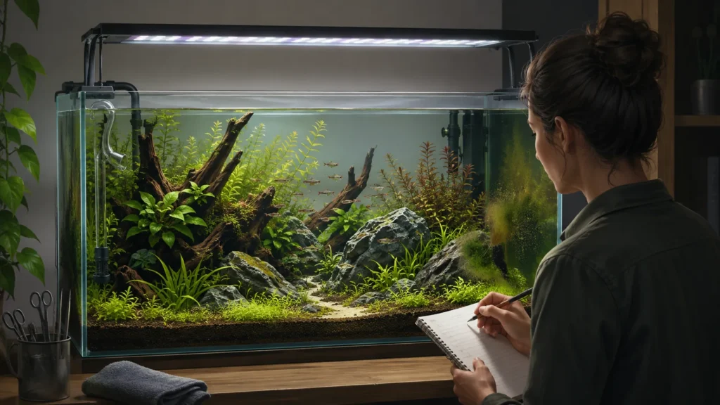 Planted aquarium under even lighting with a small algae patch being assessed alongside maintenance notes