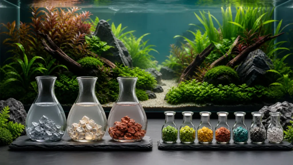 Conceptual illustration of larger and smaller nutrient groups arranged before a planted aquarium