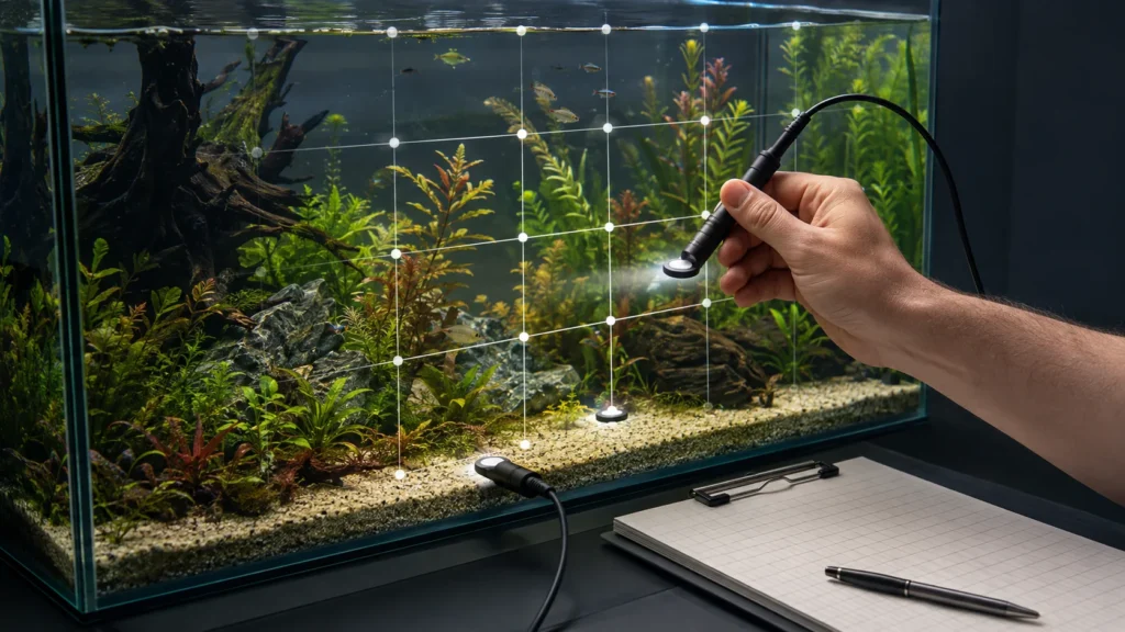 PAR sensor measuring light at different positions in a planted aquarium