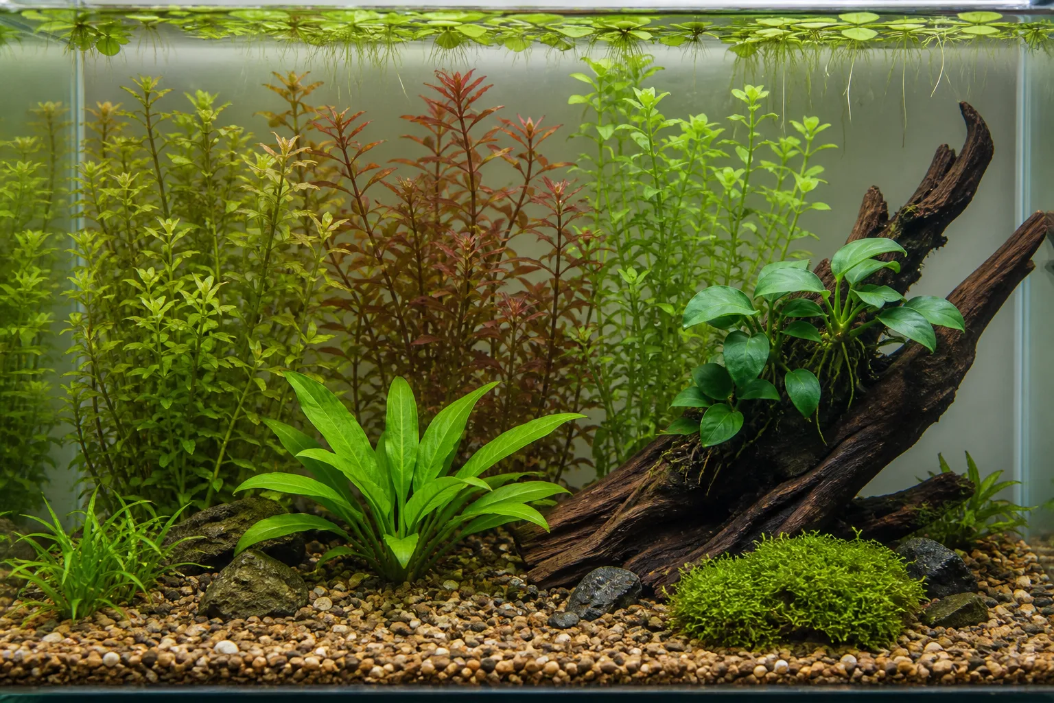 Mixed aquatic plants arranged around driftwood in a planted aquarium