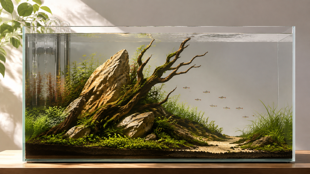 Aquascape with an off-centre stone and wood focal point balanced by open planted space