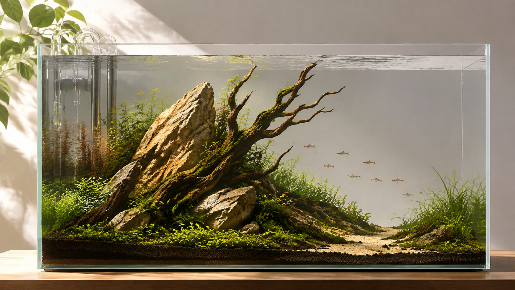 Aquascape with an off-centre stone and wood focal point balanced by open planted space