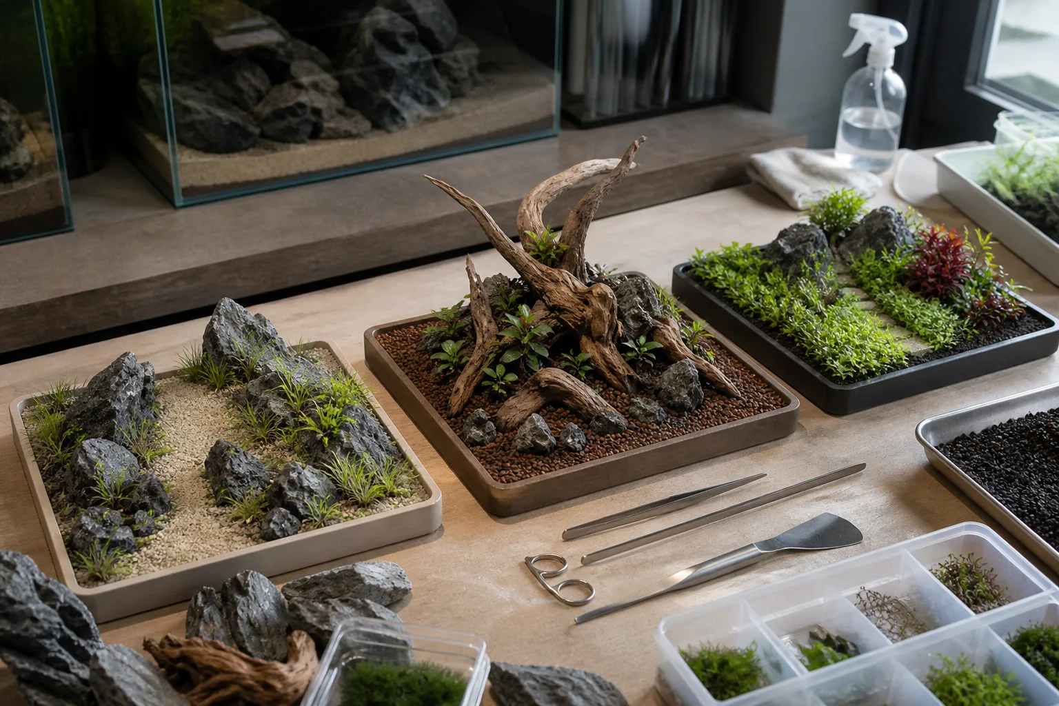 Three aquascape layouts being prepared with stone, wood and plants