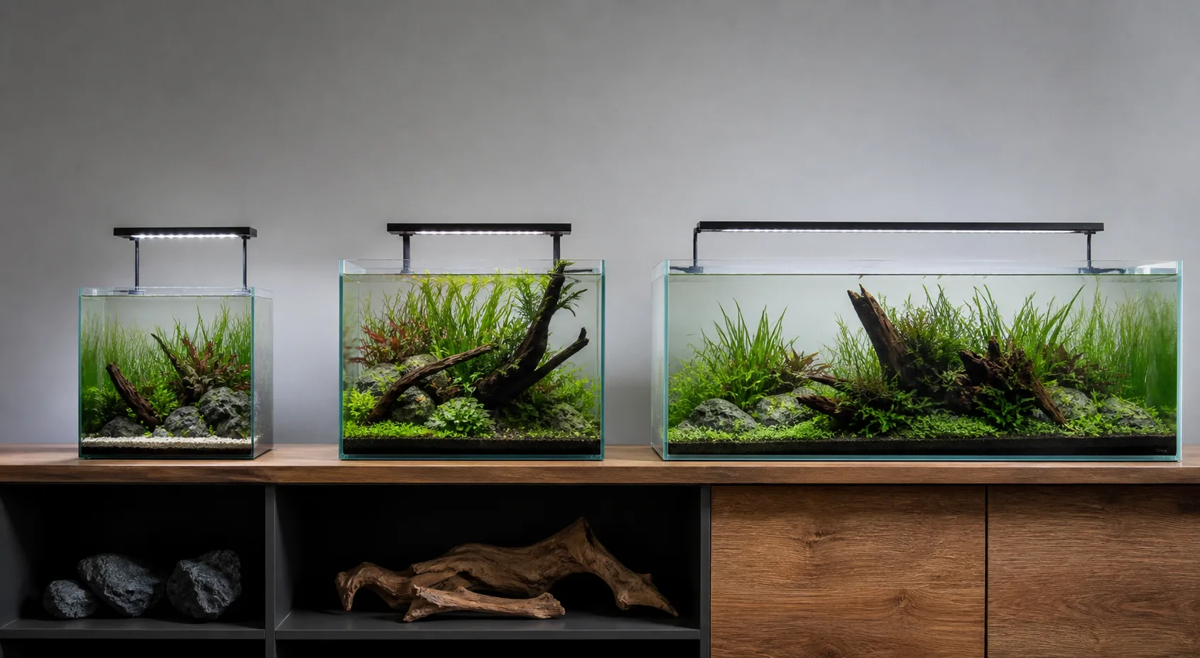 Three planted aquariums with LED lights sized for small, medium and long tanks