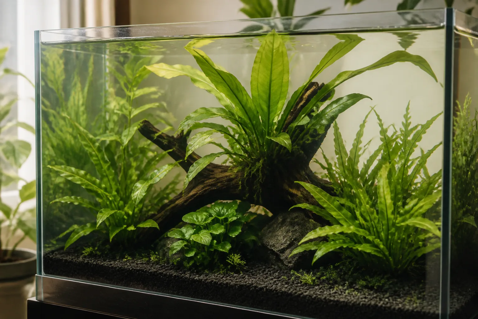 Low-tech planted aquarium with hardy green plants in a warm indoor setting