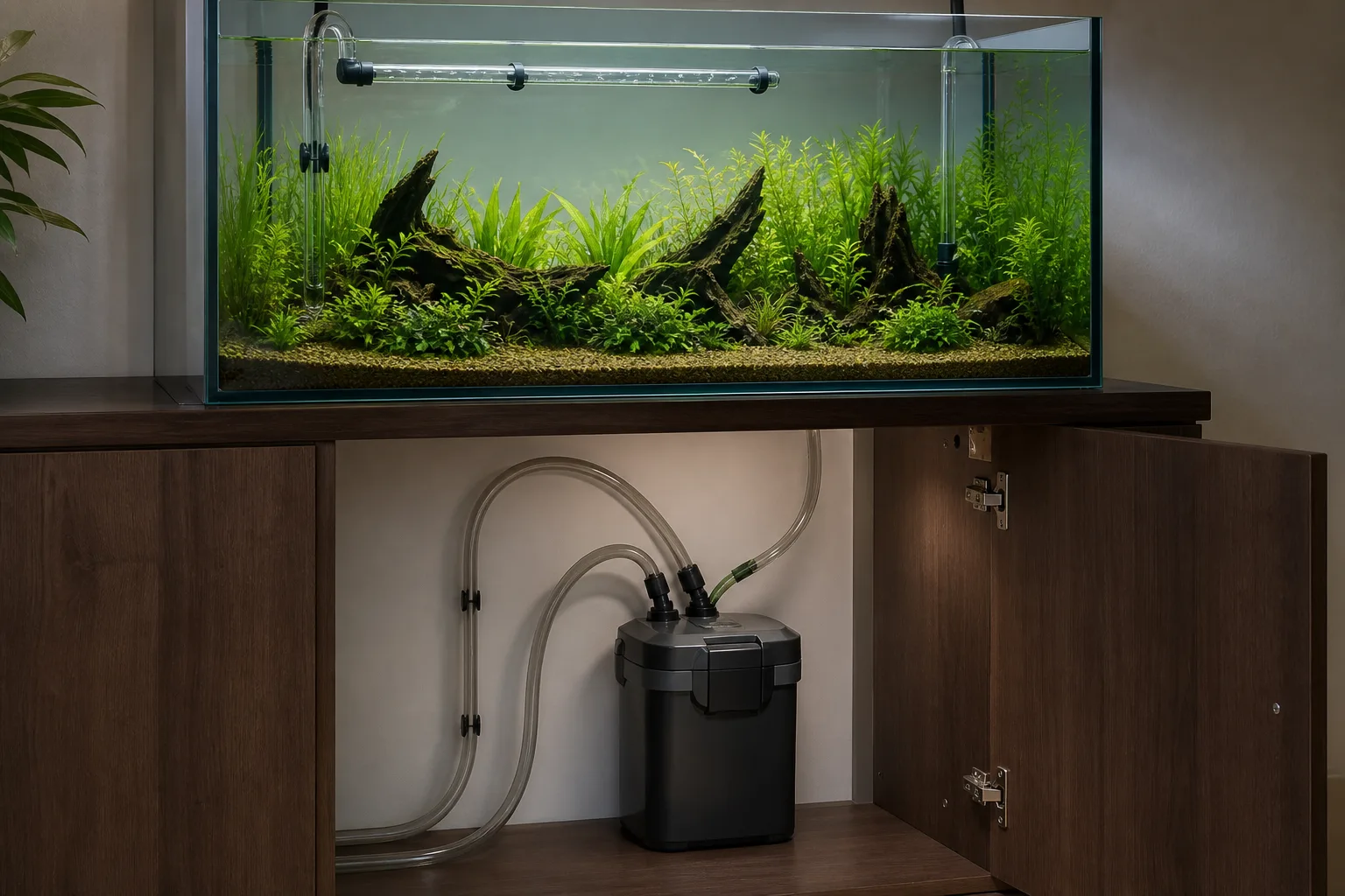 Planted aquarium connected to a canister filter inside the cabinet