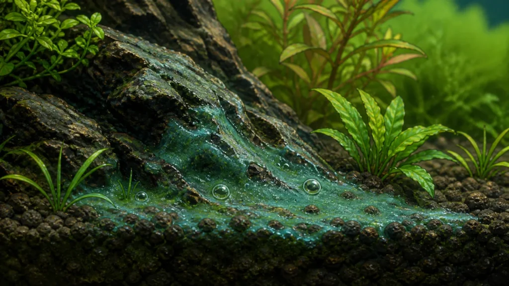 Illustrated blue-green slimy film with trapped bubbles on aquarium substrate and hardscape