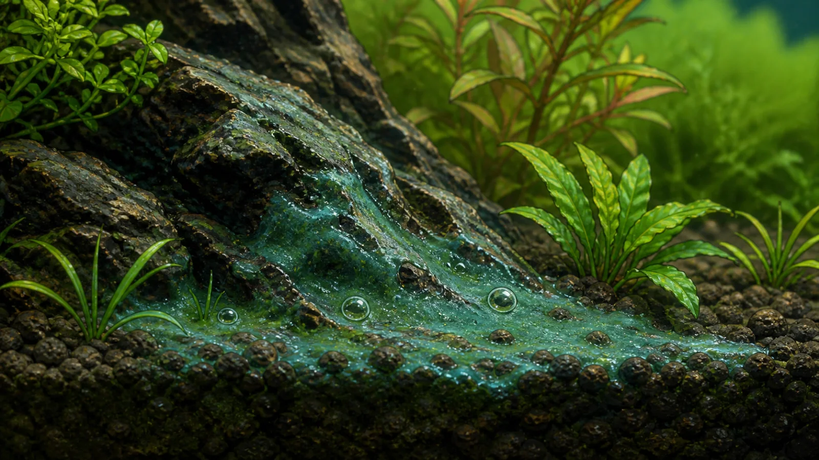 Illustrated blue-green slimy film with trapped bubbles on aquarium substrate and hardscape