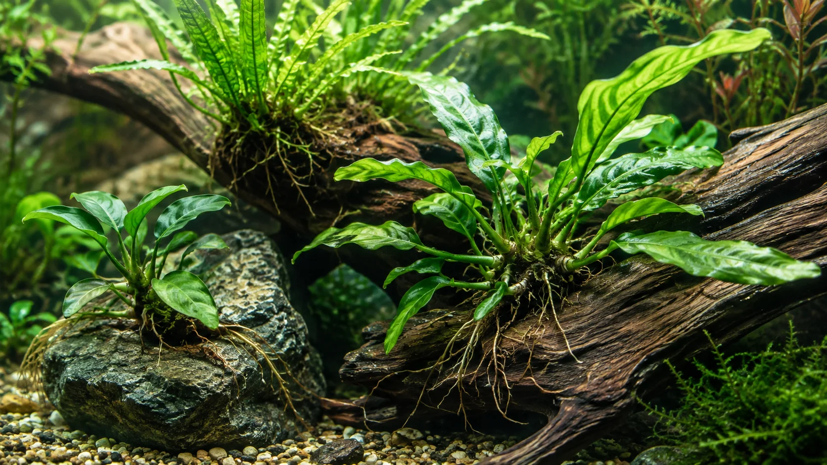 Aquarium epiphyte plants attached to driftwood and rock above the substrate