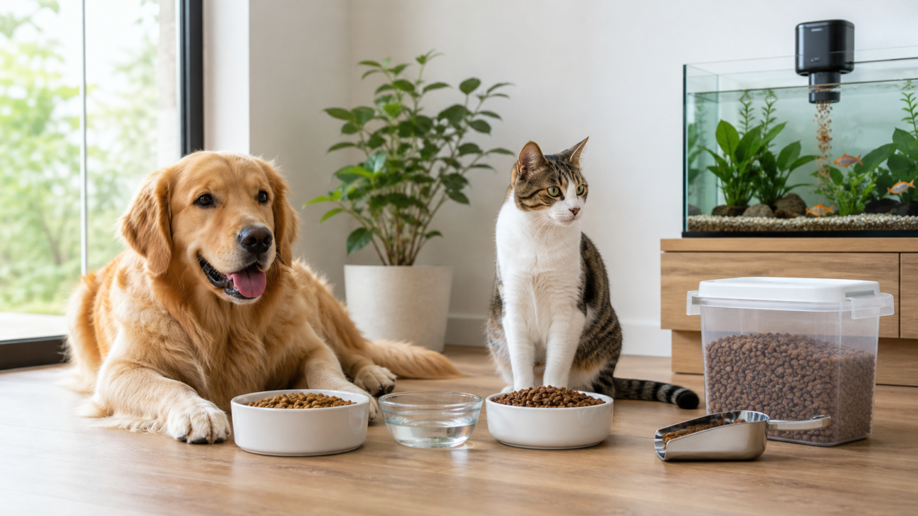Dog and cat beside measured food bowls with an aquarium automatic feeder in the background