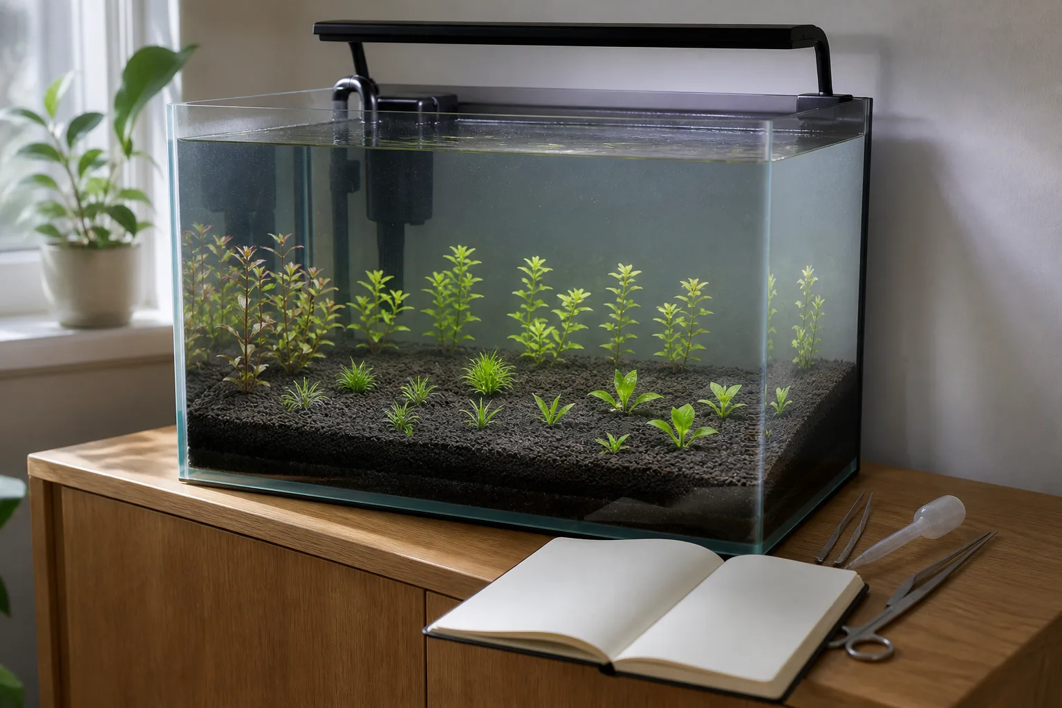 Newly planted aquarium during its early setup period