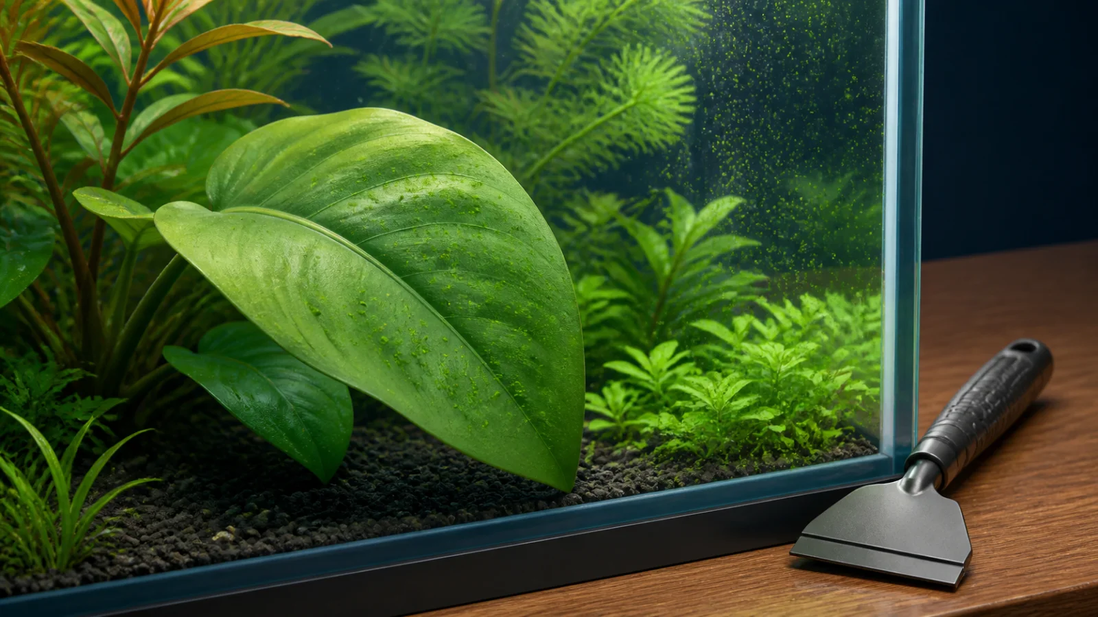 Illustrated green spot algae on aquarium glass and a broad-leaf aquatic plant beside an algae scraper