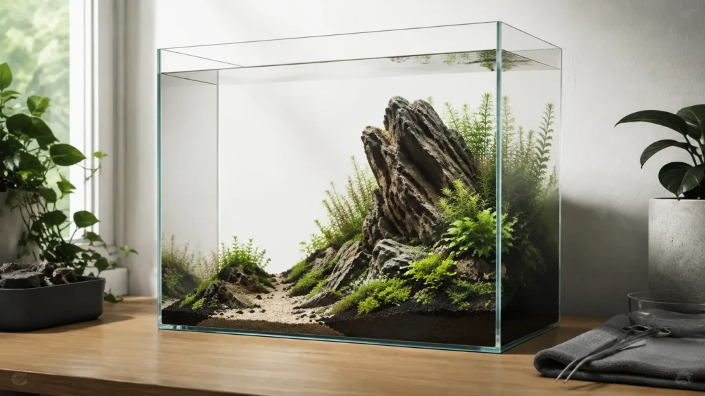 Nano aquascape using scaled hardscape, fine plants and open space to create visual depth