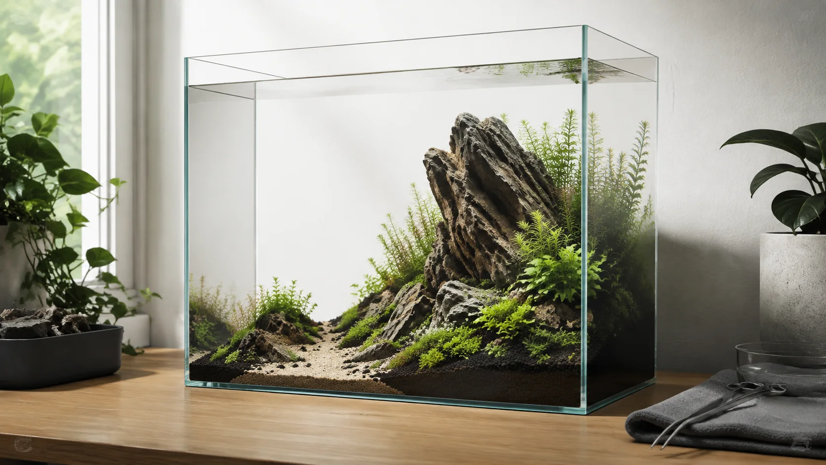 Nano aquascape using scaled hardscape, fine plants and open space to create visual depth