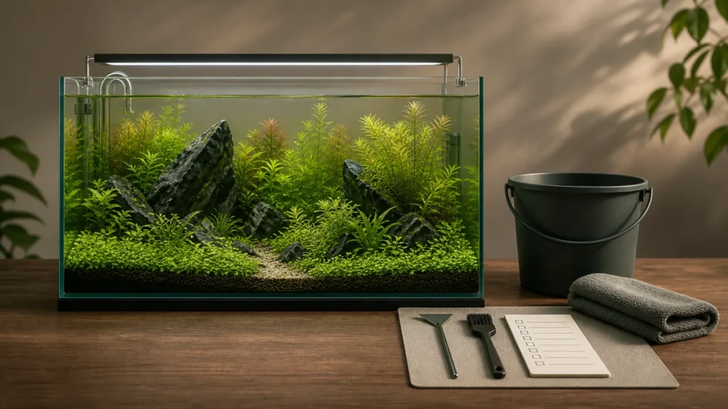 Illustrated planted aquarium with dedicated cleaning tools, bucket, towel and maintenance checklist