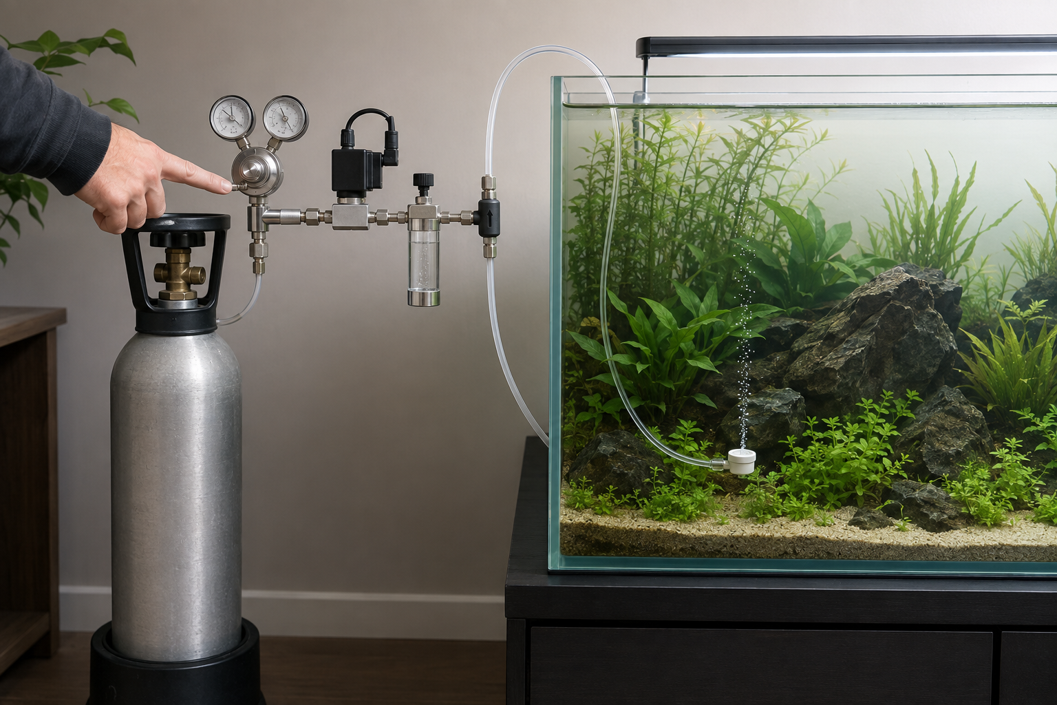 Aquarist inspecting the CO2 path from regulator and tubing to a diffuser in a planted tank