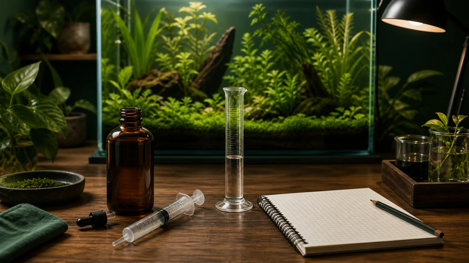 Illustrated fertiliser measuring setup with an unbranded bottle, syringe, cylinder and planted aquarium