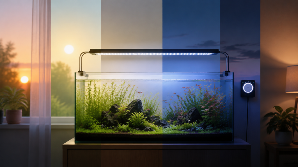 Timer-controlled LED lighting over a planted aquarium during a consistent daily routine