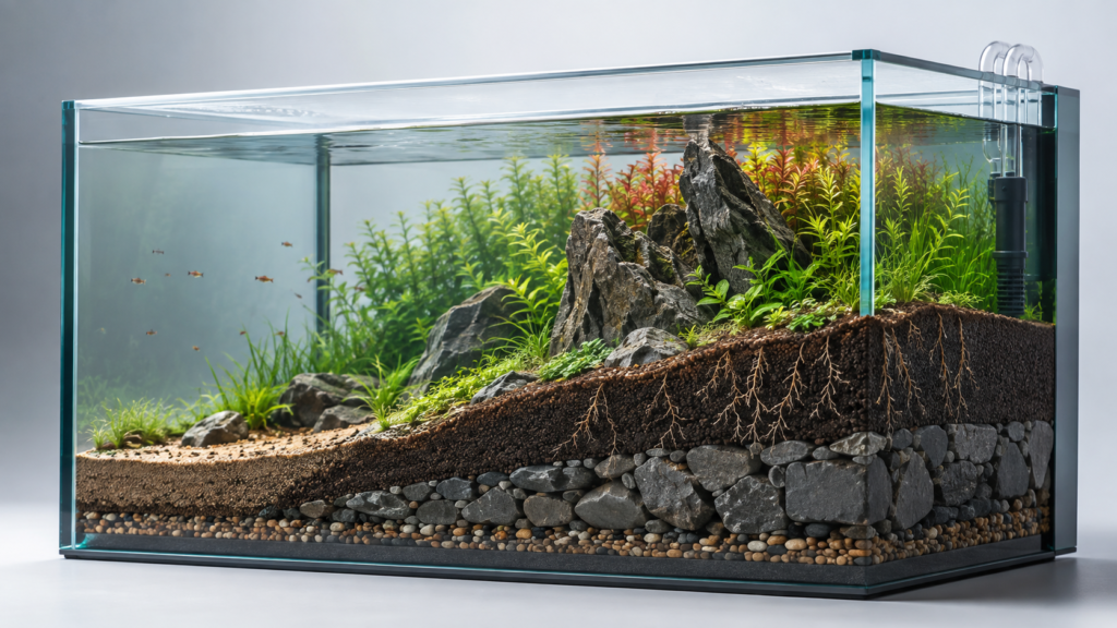 Cutaway planted aquarium showing a shallow foreground and deeper substrate around supported rear hardscape