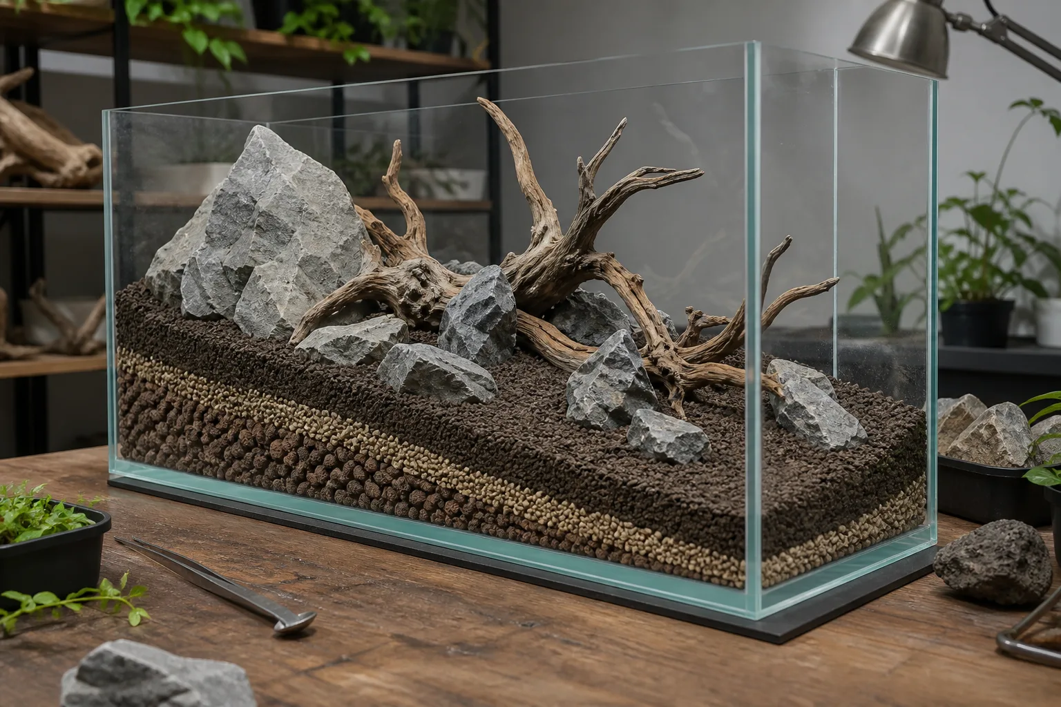 Layered aquarium substrate with rocks and driftwood before planting