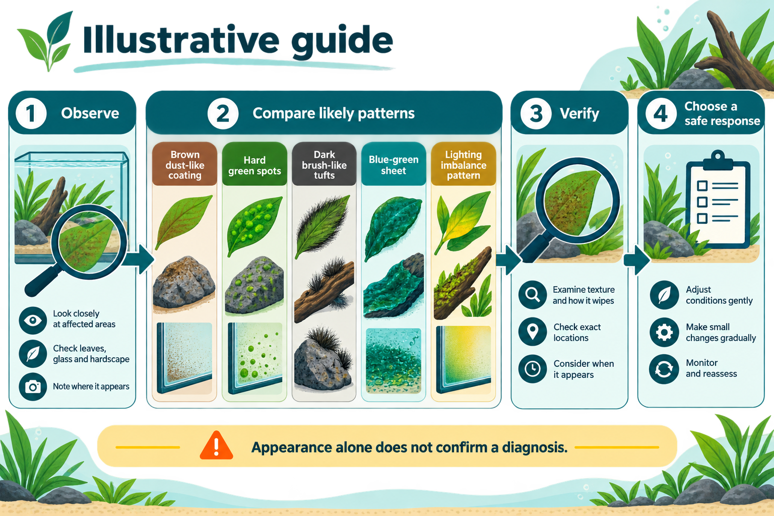 Illustrative flowchart for observing aquarium growth, comparing five diagnostic routes, verifying evidence and choosing a cautious response.