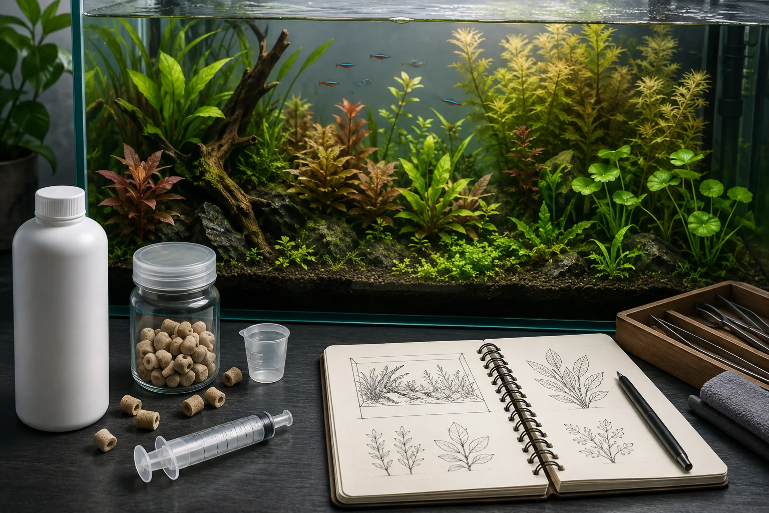 Liquid fertiliser, root tabs and measuring tools beside a mixed planted aquarium