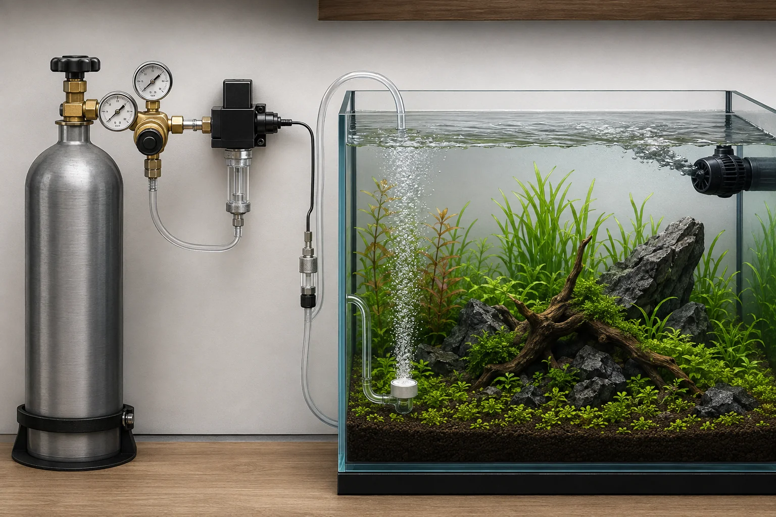 Complete aquarium CO2 system from upright cylinder and regulator to an in-tank diffuser
