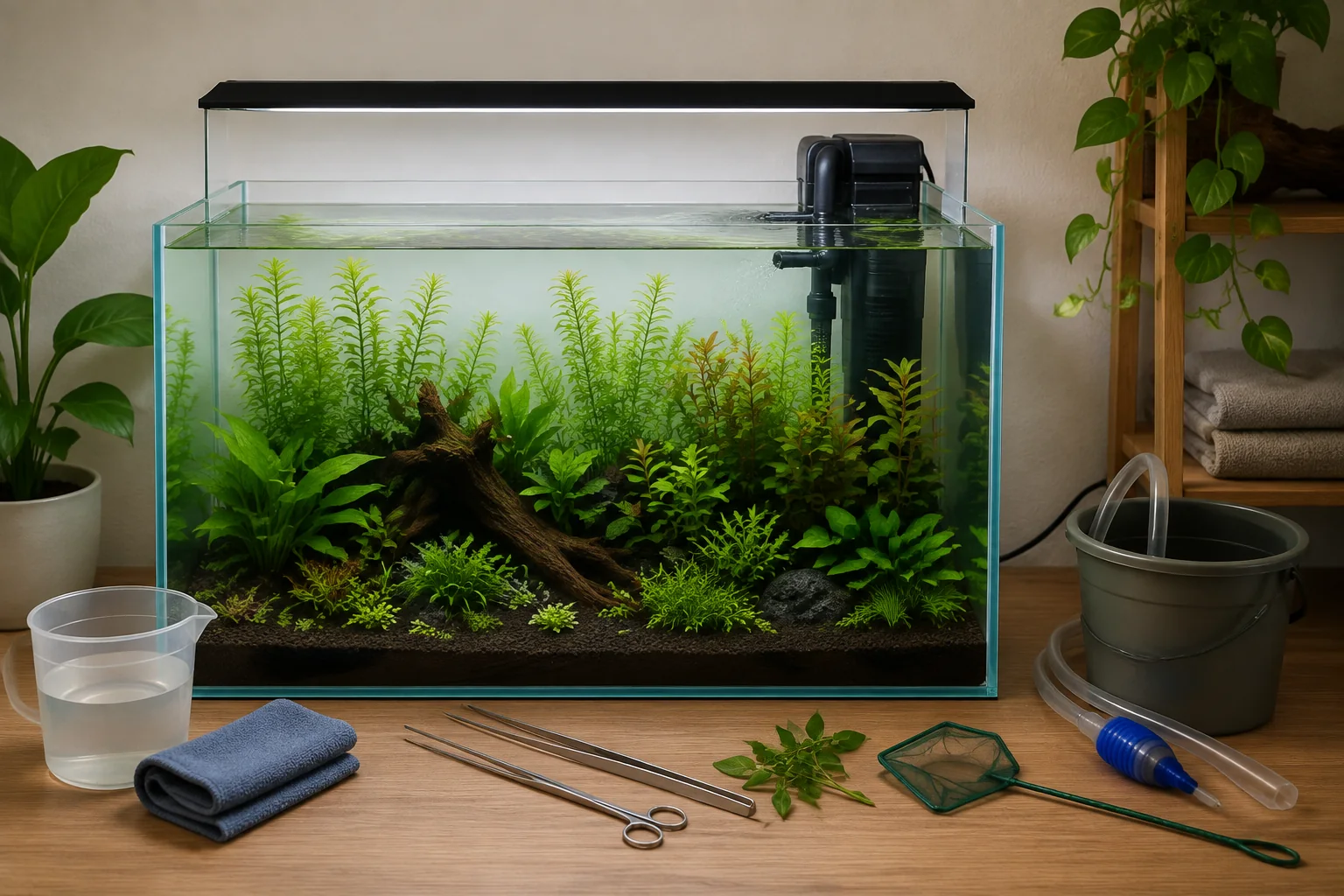 Beginner planted aquarium with lighting, filtration, substrate, easy plants and maintenance tools