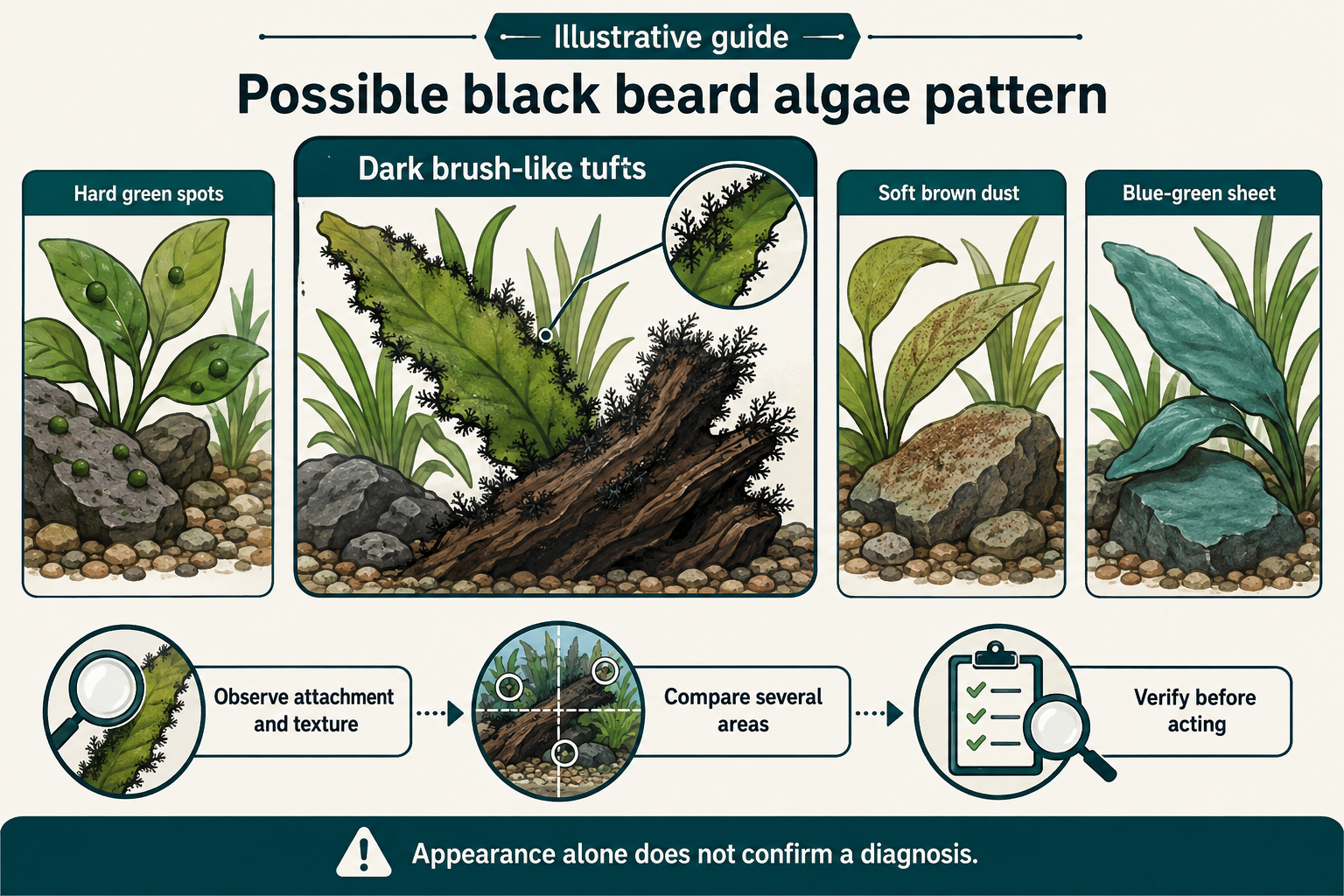 Illustrative comparison of dark brush-like tufts on aquarium leaves and hardscape with green spots, brown dust and a blue-green sheet.