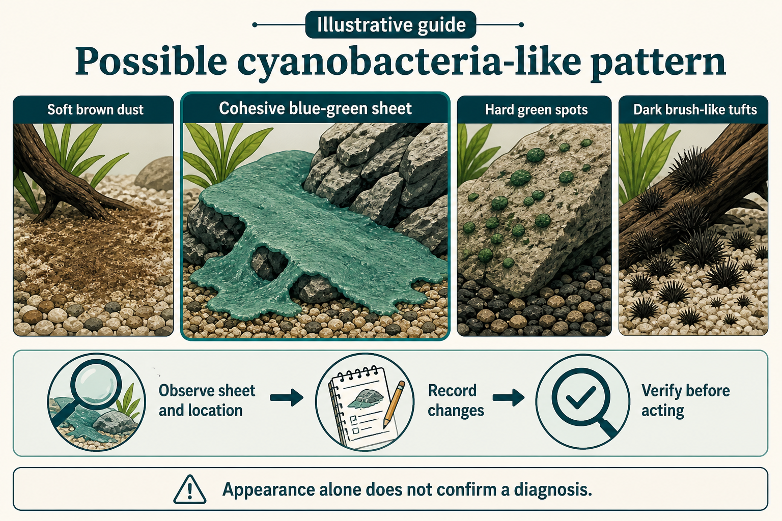 Illustrative comparison of a cohesive blue-green sheet-like aquarium mat with brown dust, green spots and dark tufts.