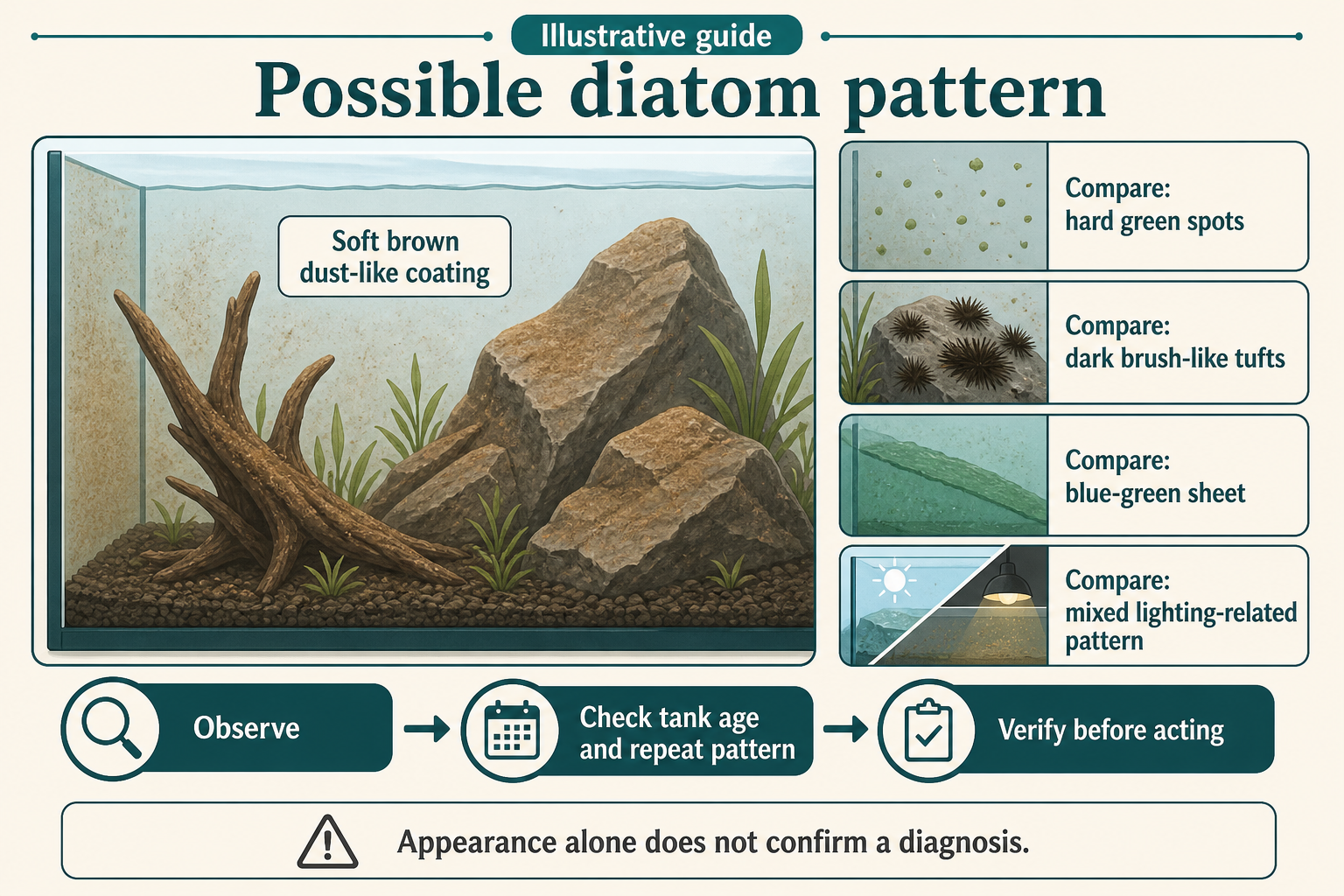 Illustrative comparison of a soft brown dust-like coating with green spots, dark tufts and a blue-green sheet, followed by verification steps.
