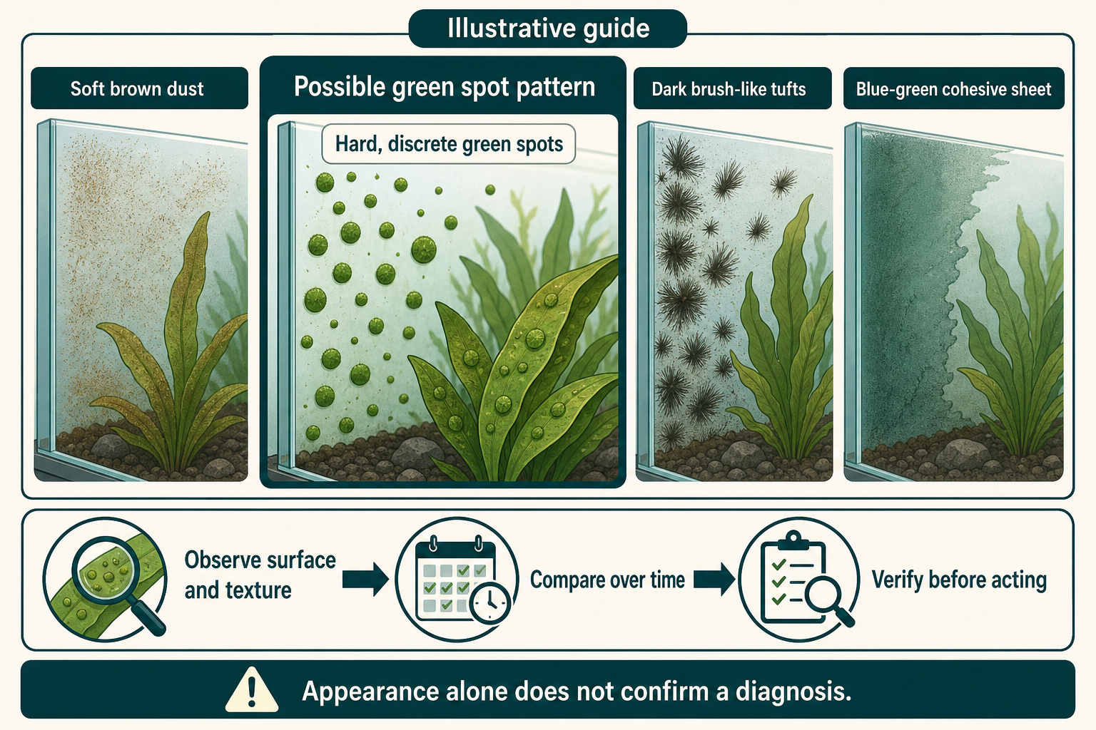 Illustrative comparison of hard green spots on aquarium glass and leaves with brown dust, dark tufts and a blue-green sheet.